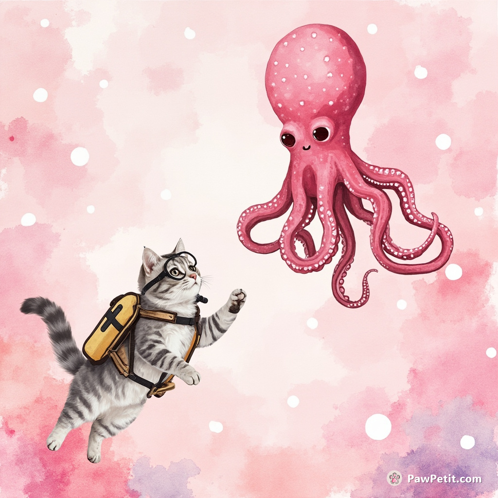 A cat scuba diving towards an octopus alien in a pink polka-dot ocean.