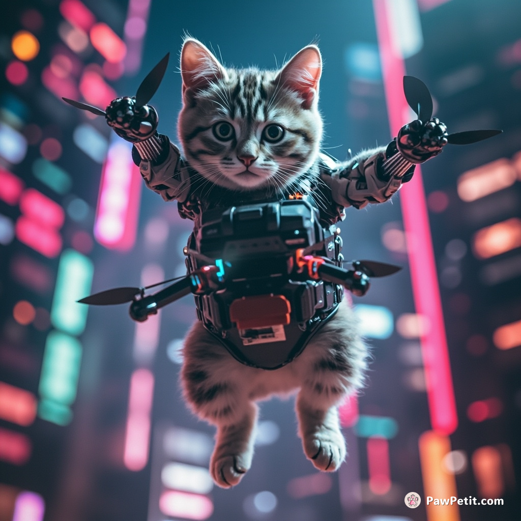 Cybernetic cat expertly ricochets off neon skyscrapers, intercepting an AI-controlled drone to deliver a forgotten access card.