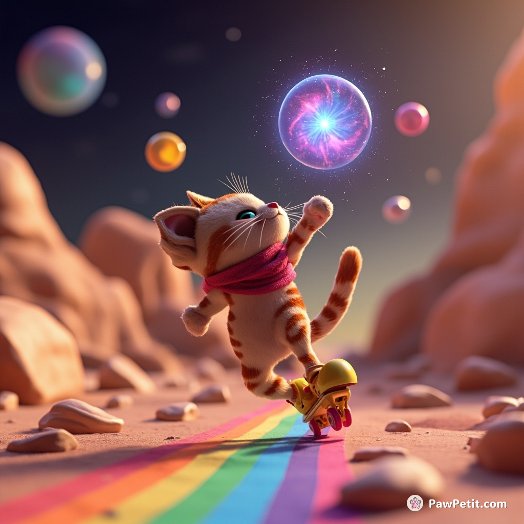 A cosmic cat juggling miniature nebulas while rollerblading on a rainbow strip in a martian rocky landscape.