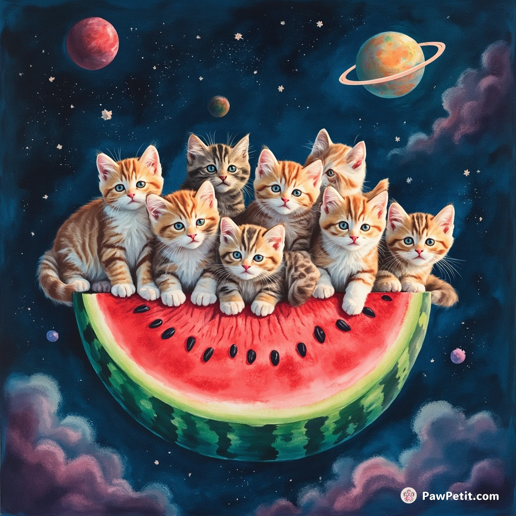 A litter of neon kittens having a picnic on a floating watermelon in space.