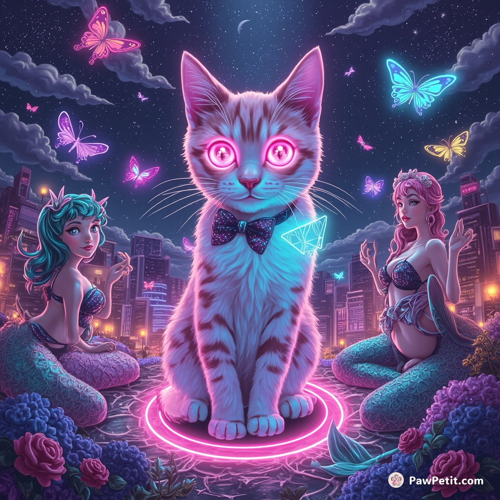 A neon cat hosting a surreal party for mermaids and fairies below a floating upside-down city skyline.