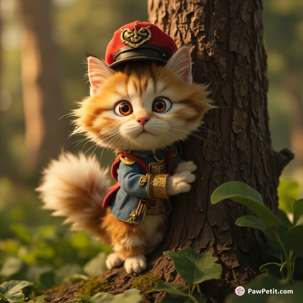Fluffy dons a tiny hat, scales a tree, and declares himself "Captain Whiskers, ruler of the backyard jungle.