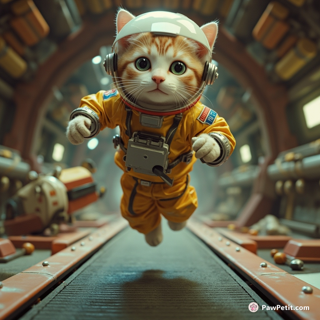 Astronaut cat effortlessly backflips across zero-gravity treadmills, evading errant hover-toasters on a derelict human space flagship.