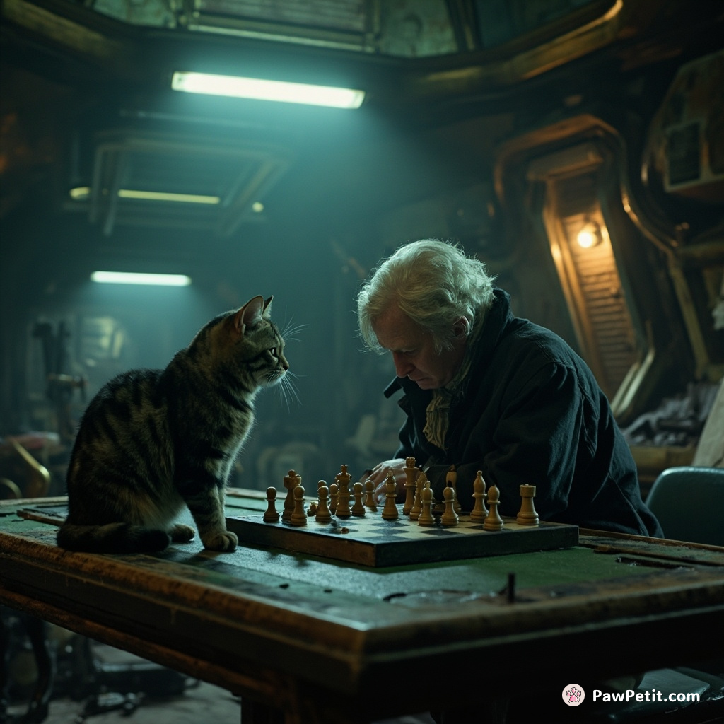 Cat literally playing chess with Edgar Allan Poe in an abandoned space station.