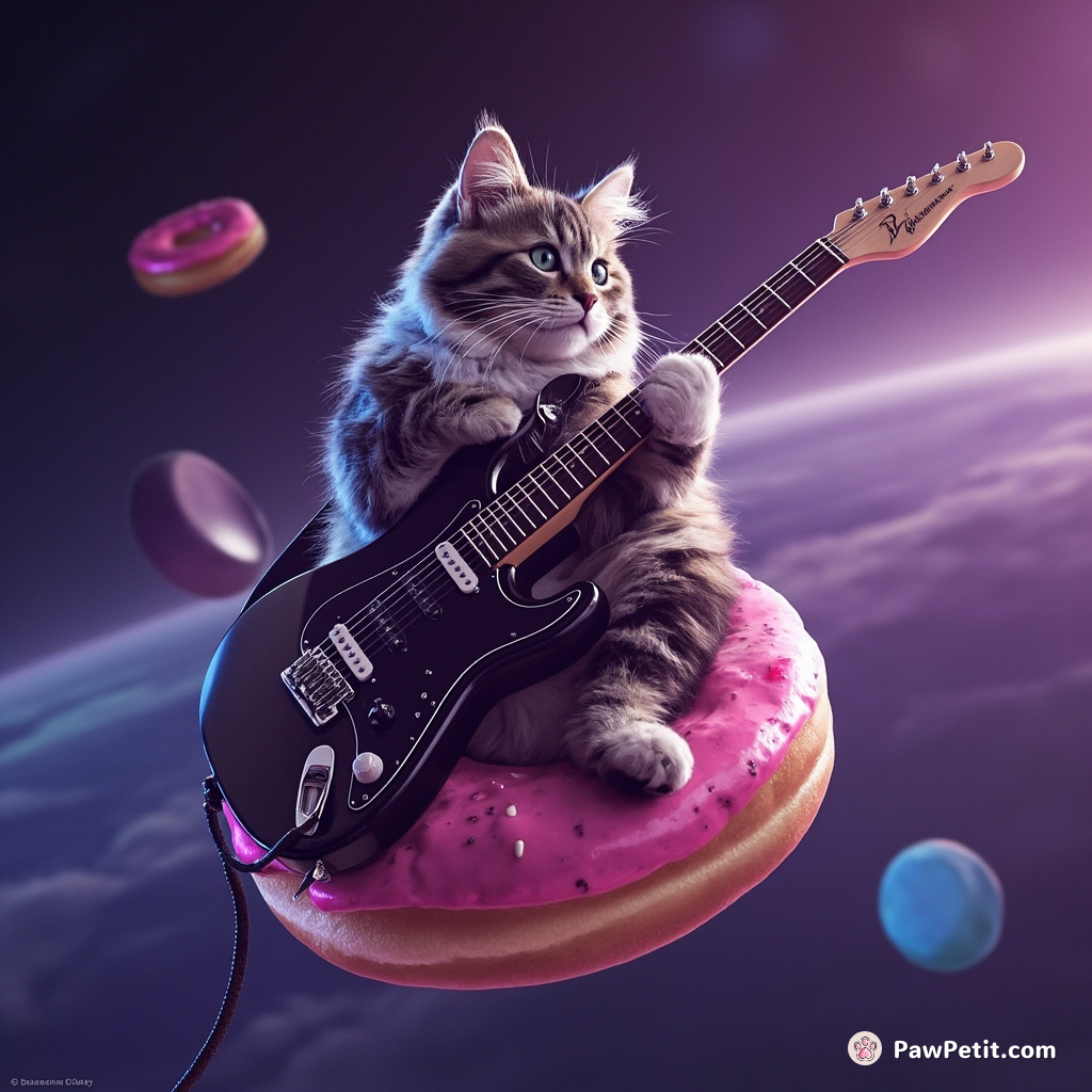 Cat playing electric guitar on top of a jelly donut, floating in space.
