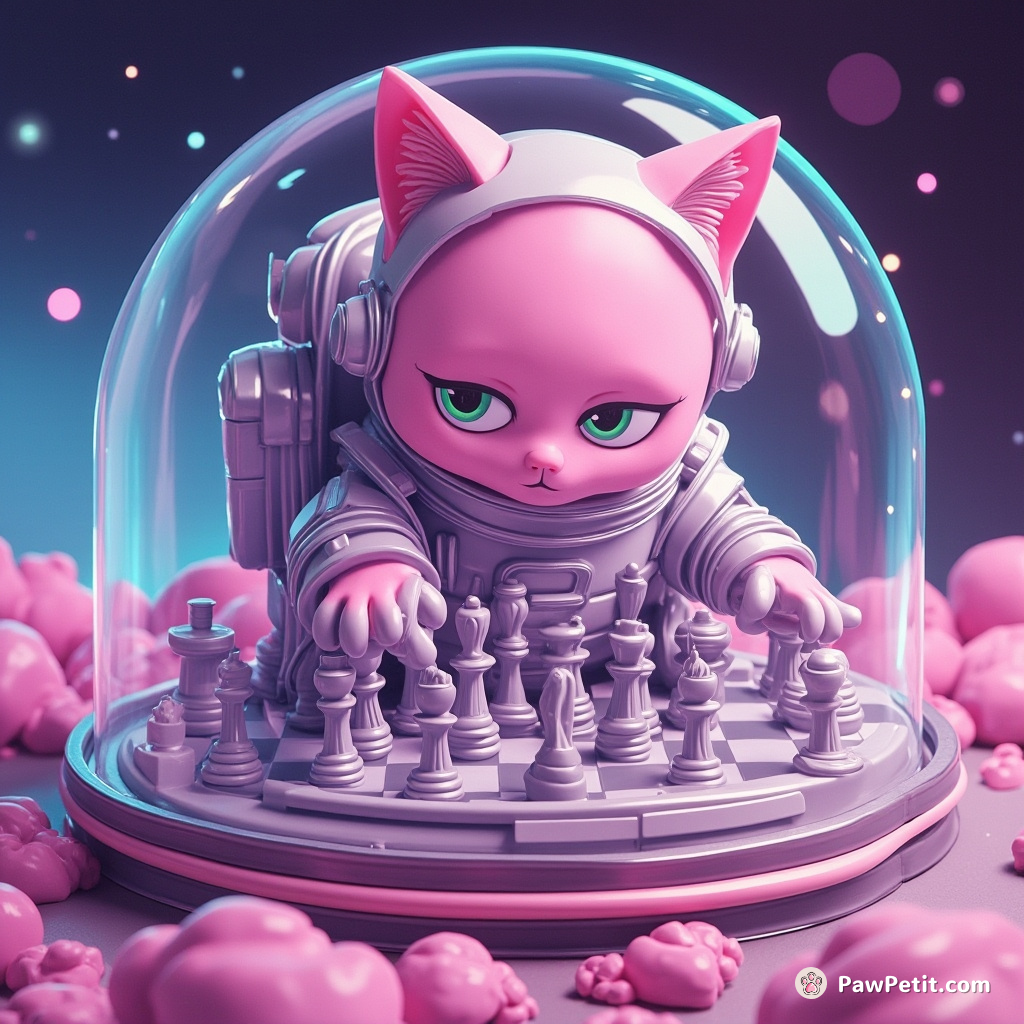 A neon-pink alien cat in a silver spacesuit playing 4D chess while floating inside a transparent space capsule.