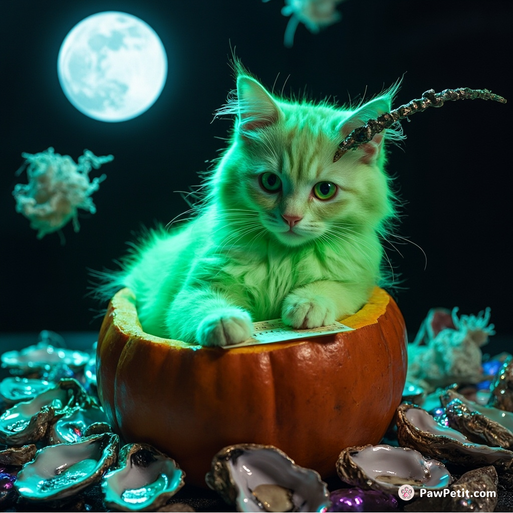 A neon-green feline, transcribing Clair de Lune onto iridescent seashells with charred fish-bone quills, perched in a hollow pumpkin surrounded by hovering, champagne-filled oysters under a fillagree moon.