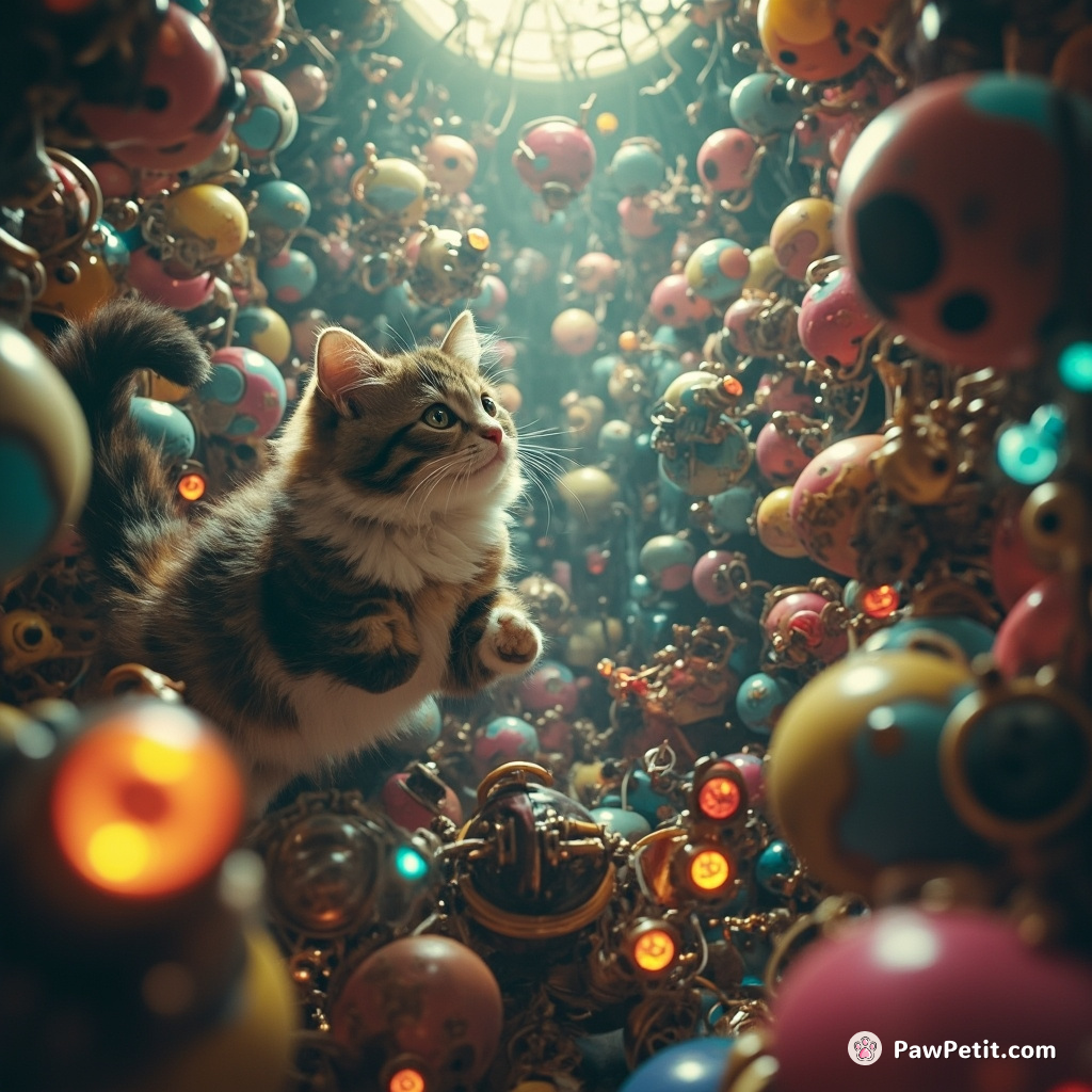 Amid kaleidoscopic alien contraptions, a shrewd calico expertly yet nonchalantly initiated the lithochronosphere's temporal distortion with a precise flick of her tail.