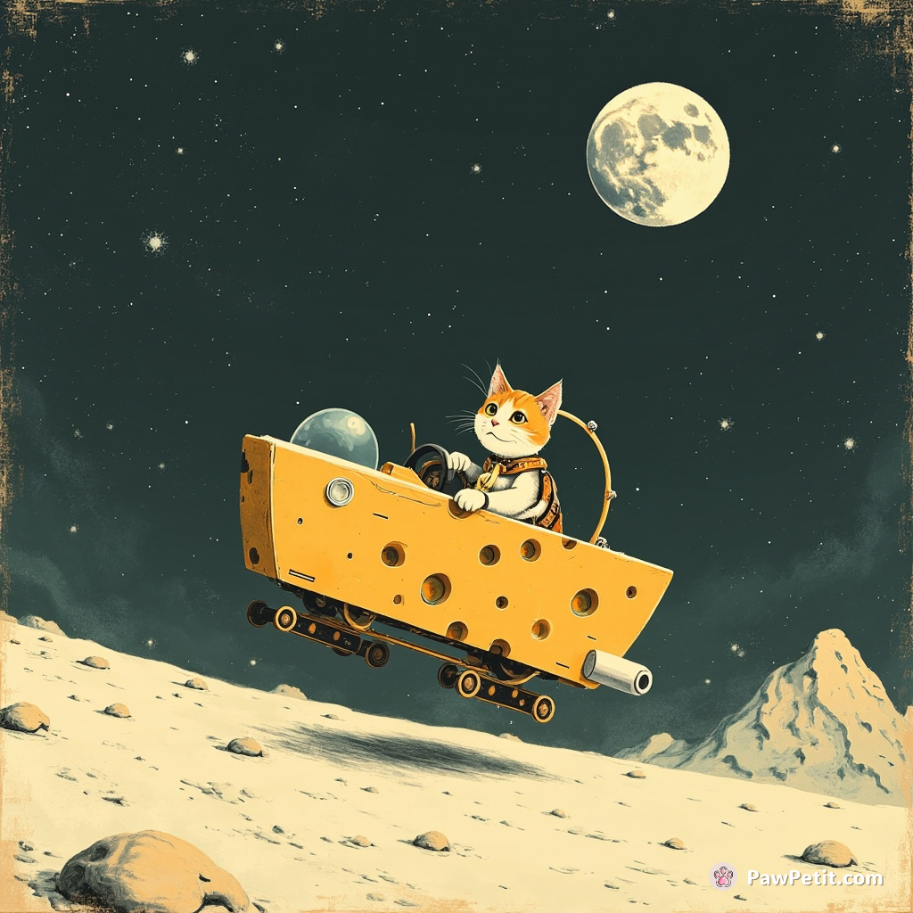 Mechanical steampunk cat piloting a lunar cheese cruiser on the moon's desolate landscape.
