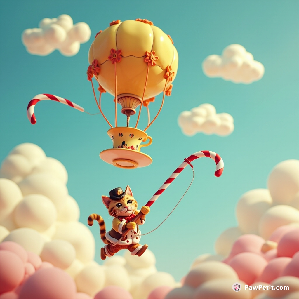 A hot air balloon shaped like a teacup whisking away a fancy-dressed cat drilling Swiss cheese clouds with a giant candy-cane fishing rod.
