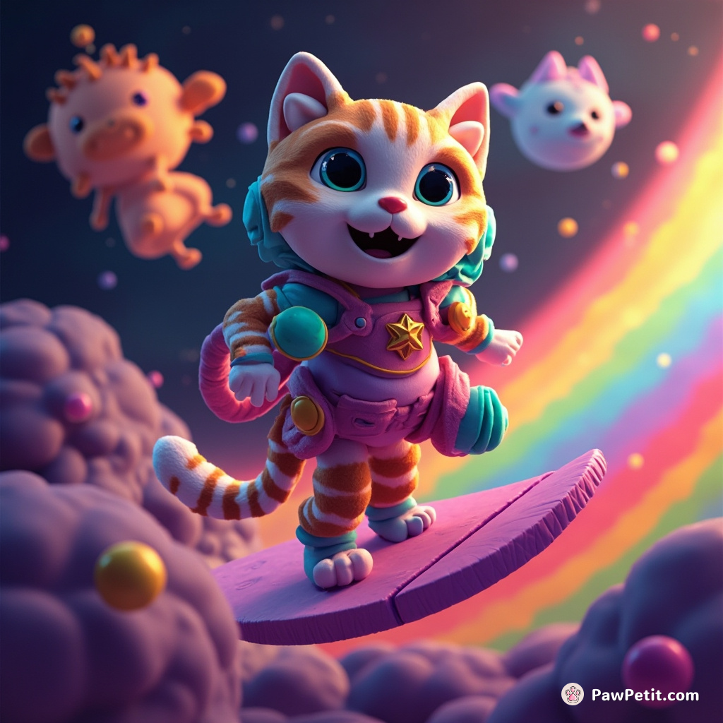 A cosmic cat surfing on a rainbow-colored nebula against a backdrop of mythical creatures cheering.