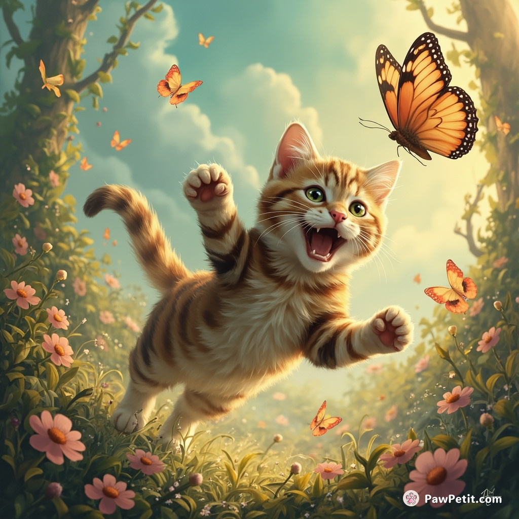 Frantic paws patter, whiskers twitch as the cat lunges, desperate to catch the fluttering butterfly in a wild ballet of claws and fur.