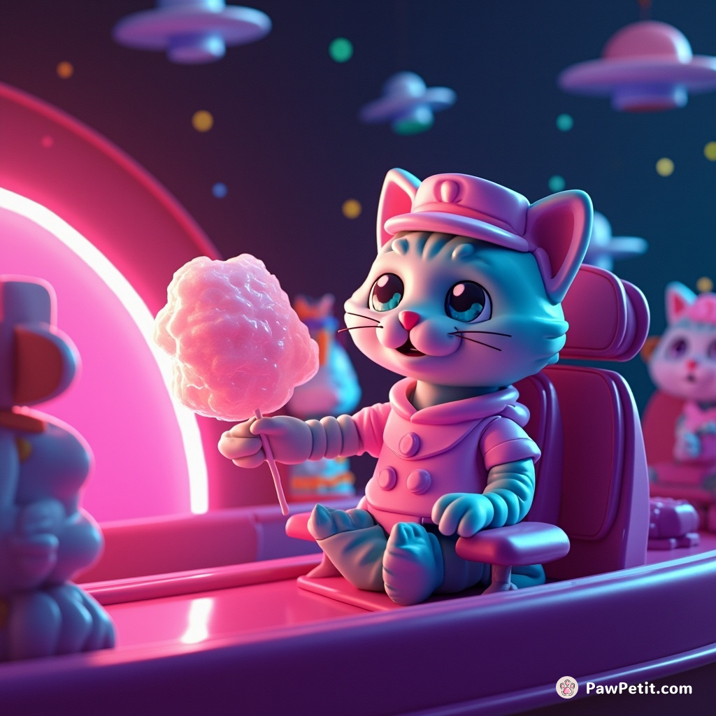 Neon-glowing flight attendant cat gingerly serving cotton candy on Saturn's rings to UFO alien passengers.