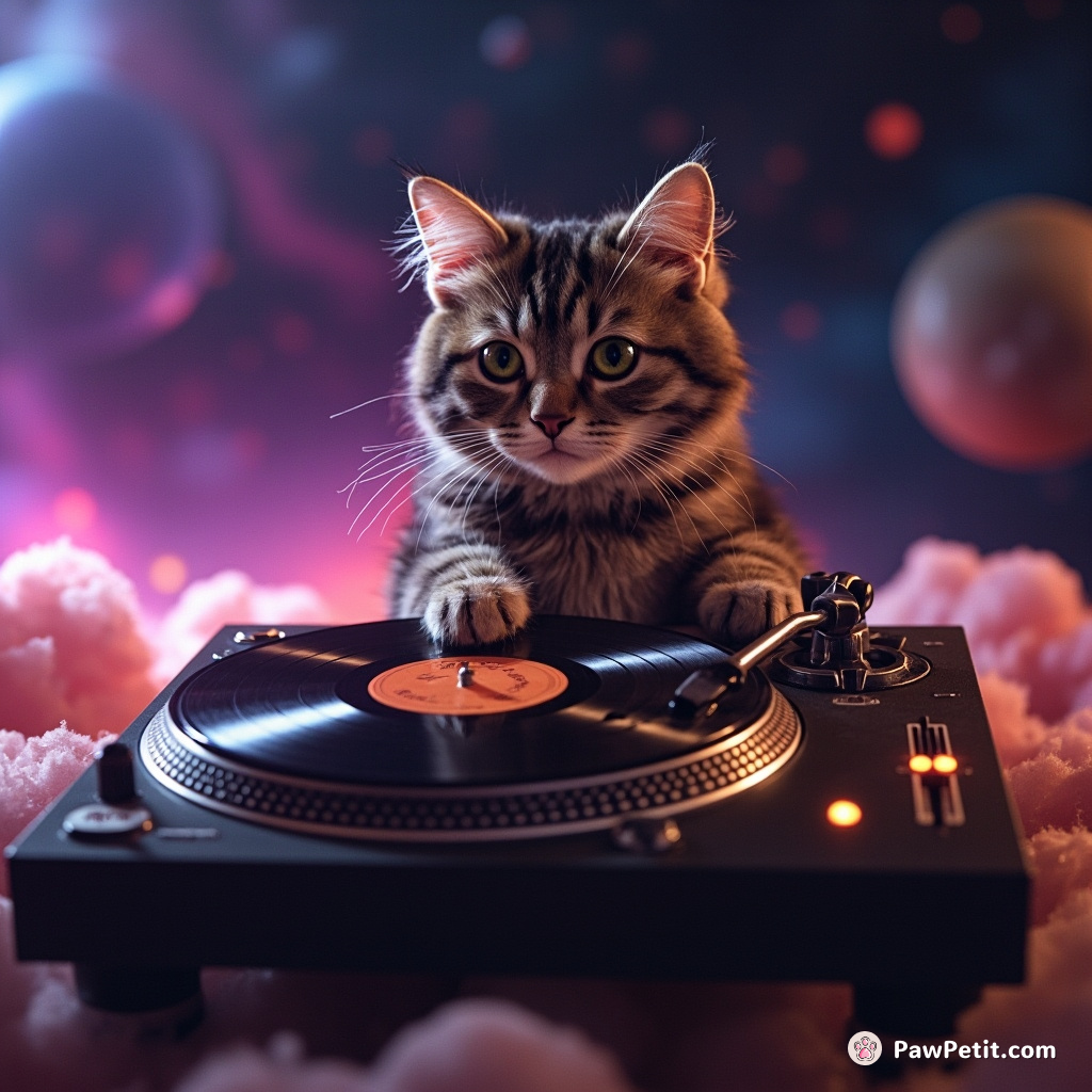 Cat DJ spinning vinyls on a cheeseburger turntable in zero gravity.