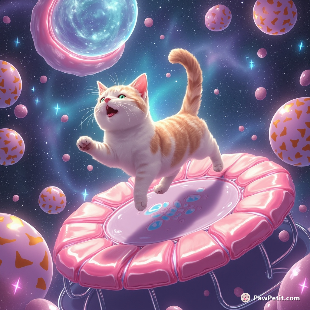 A cat bouncing on a bubblegum trampoline inside a cosmic kaleidoscope.