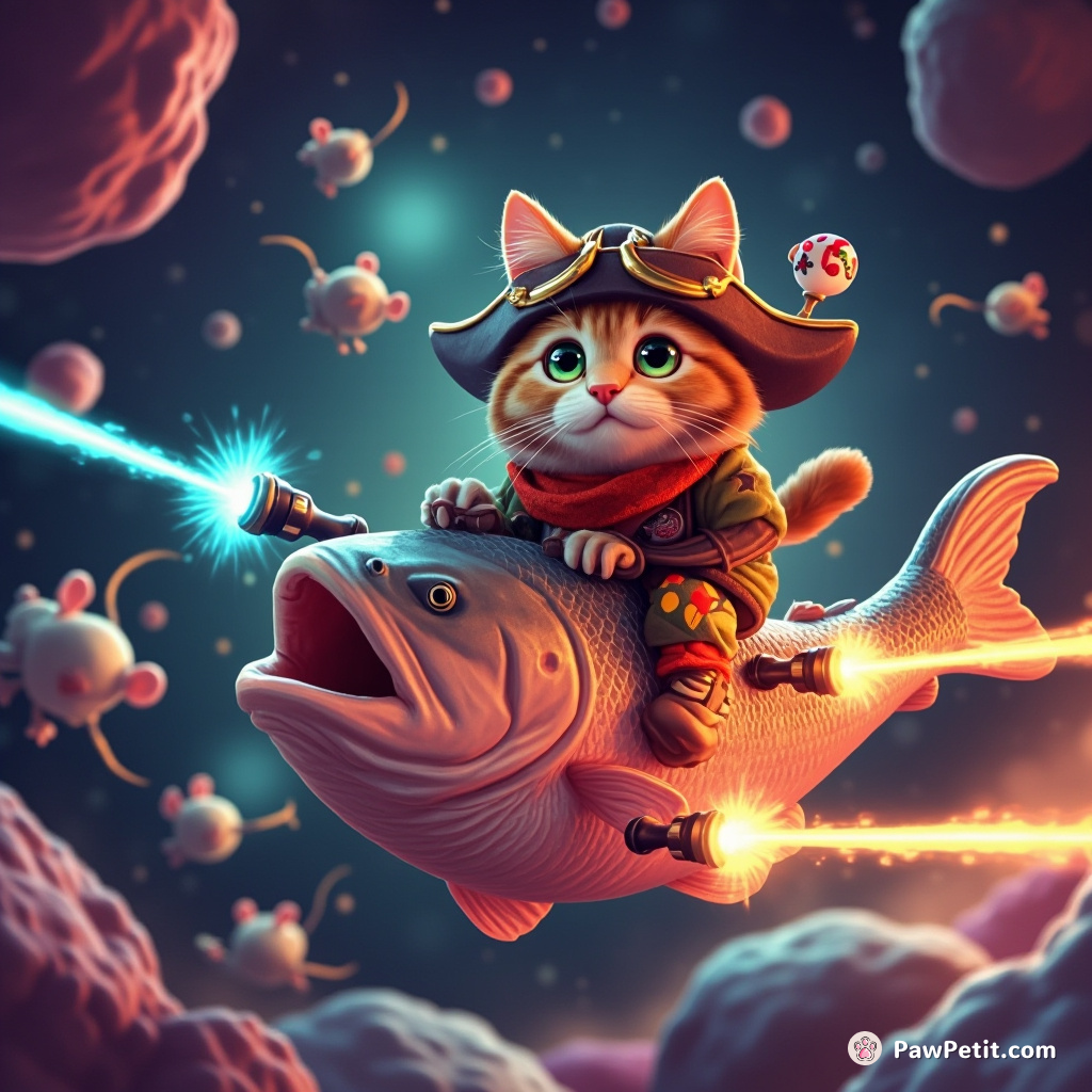Space pirate cat riding a cosmic salmon through an asteroid belt, firing laser hairballs at alien mice.
