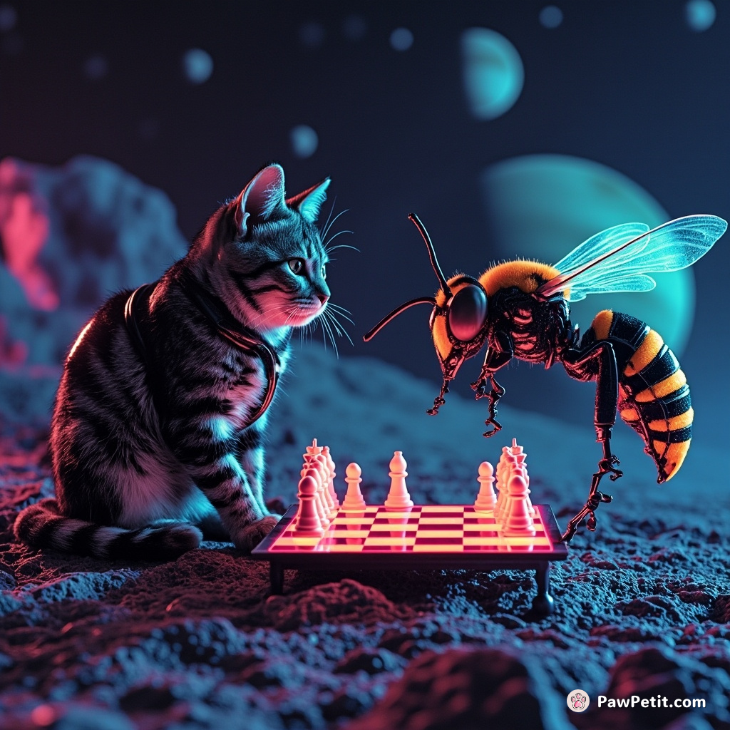 A cybernetic cat playing chess with a neon-wasp on Saturn's moon.