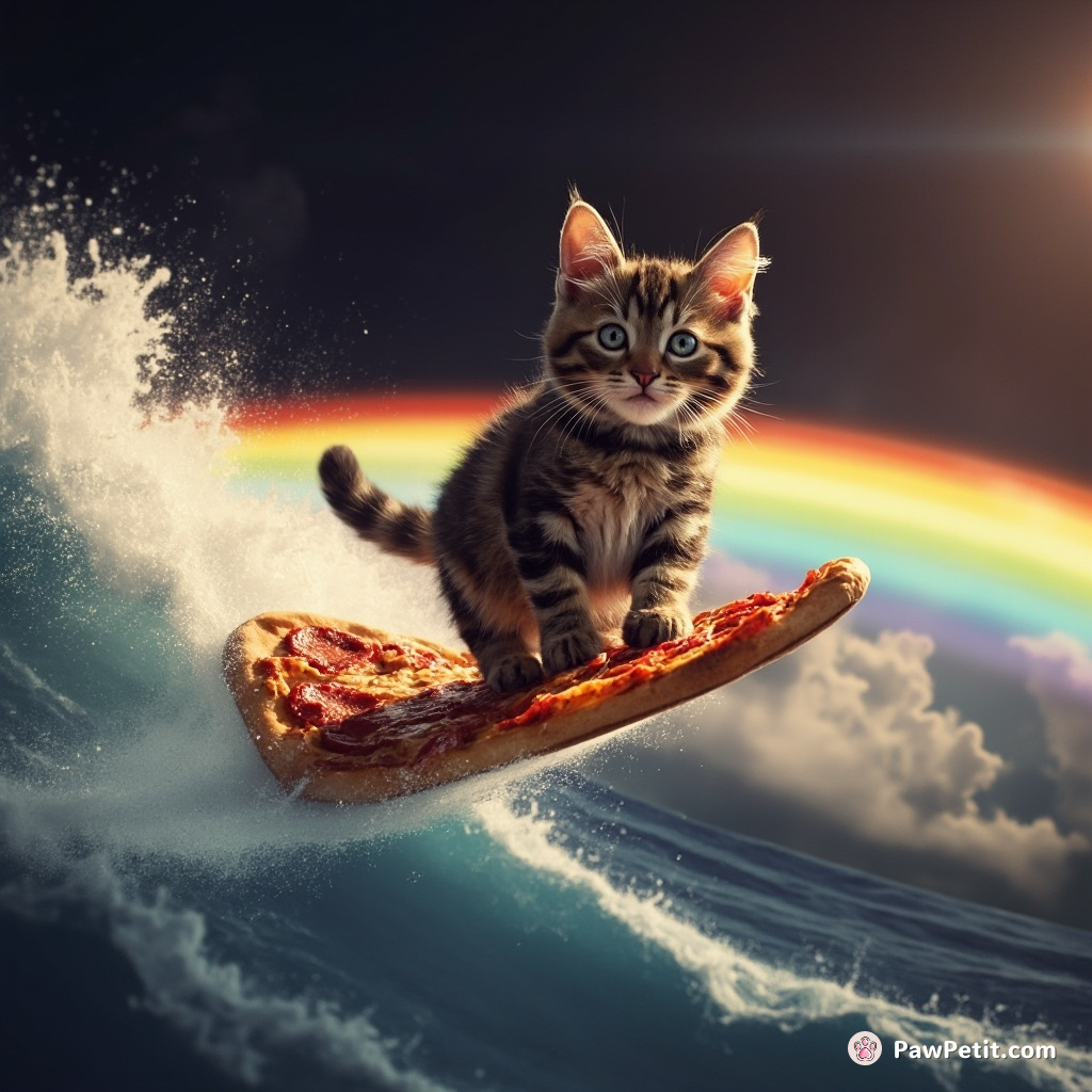 A tabby cat surfing a rainbow wave on a slice of pepperoni pizza in outer space.