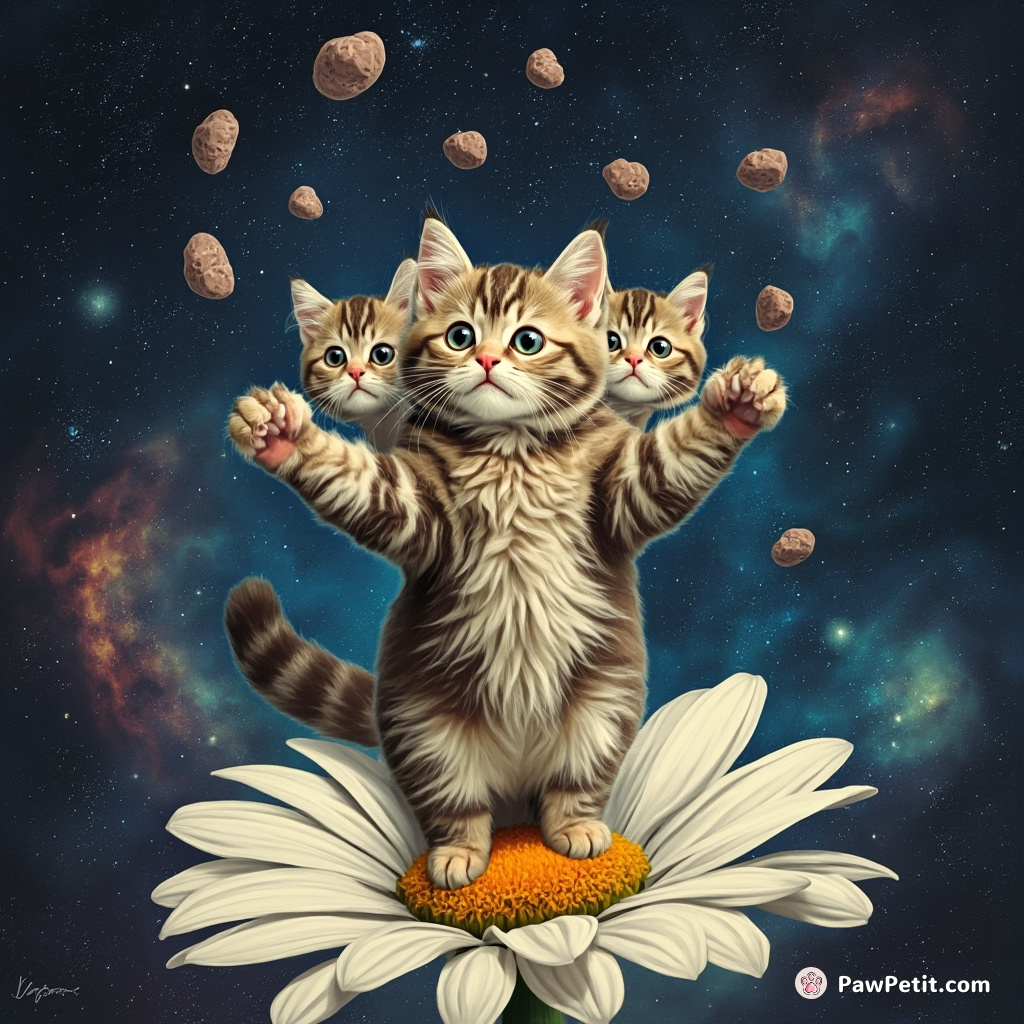 A three-headed cat balancing on a giant daisy in outer space, juggling meteorites