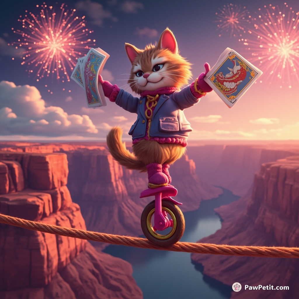 Cat riding a fuchsia unicycle on a tightrope above the grand canyon, juggling fish-themed tarot cards under firework-lit skies.