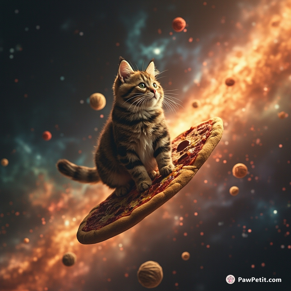 A cat surfing on a slice of space pizza through a nebula made of yarn.