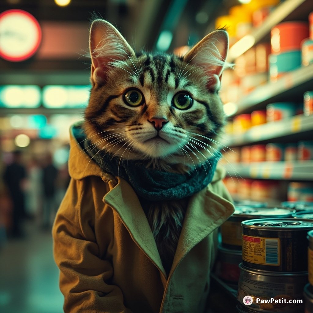 Whiskers the cat, in a trench coat, orders 50 cans of tuna at the grocery store, then bolts.