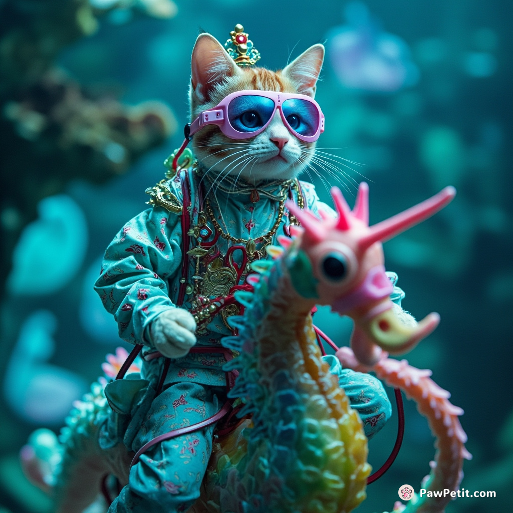 A cat in a Taylor Swift costume conducting an underwater orchestra while riding a rainbow sea horse.
