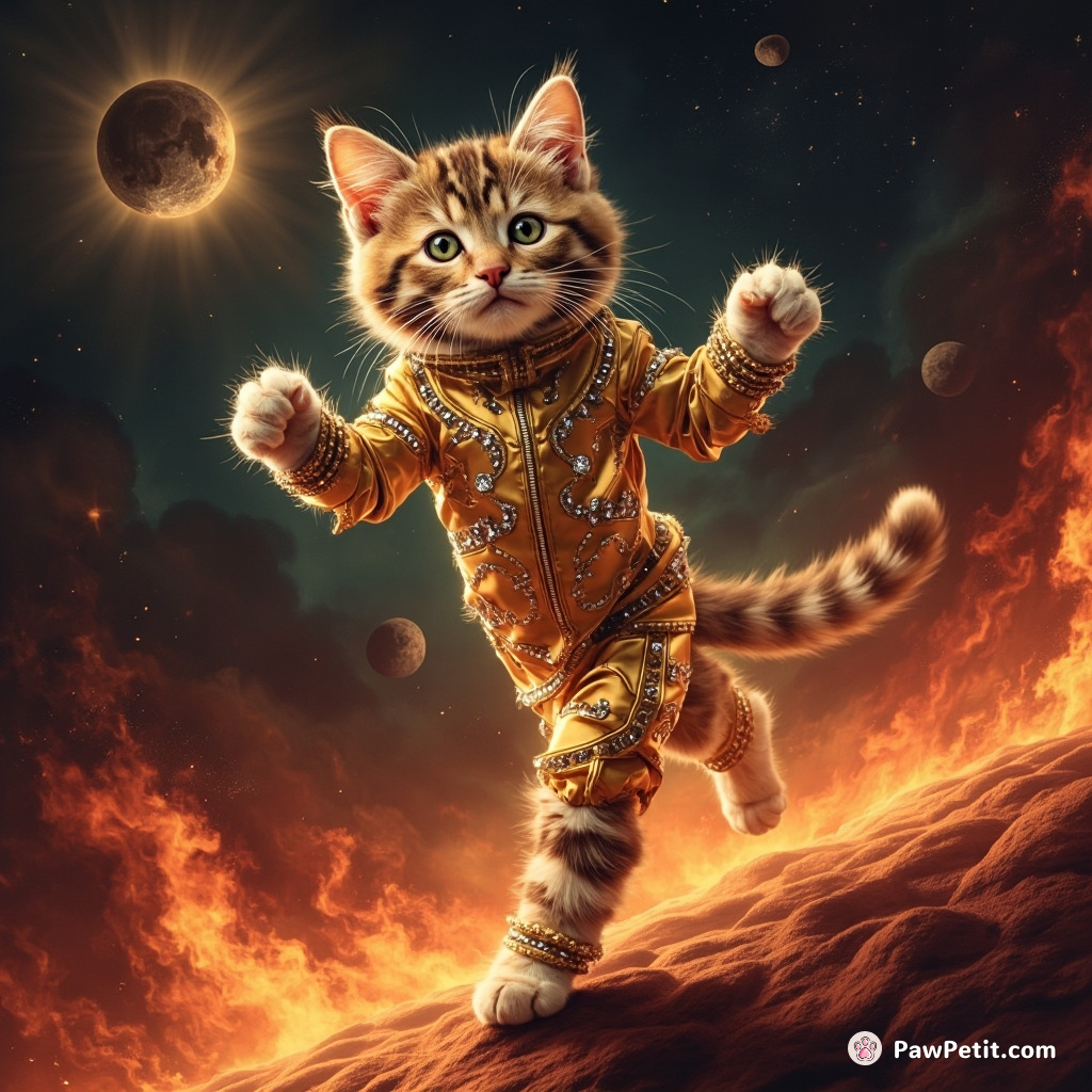 A cat gracefully salsa-dancing on a fiery asteroid, wearing a diamond-studded spacesuit.