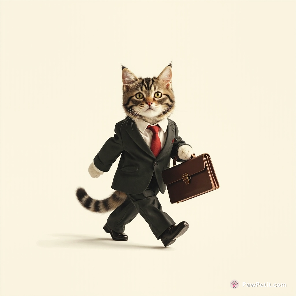 The cat strides confidently in a tiny business suit, holding a miniature briefcase with utmost gravitas.