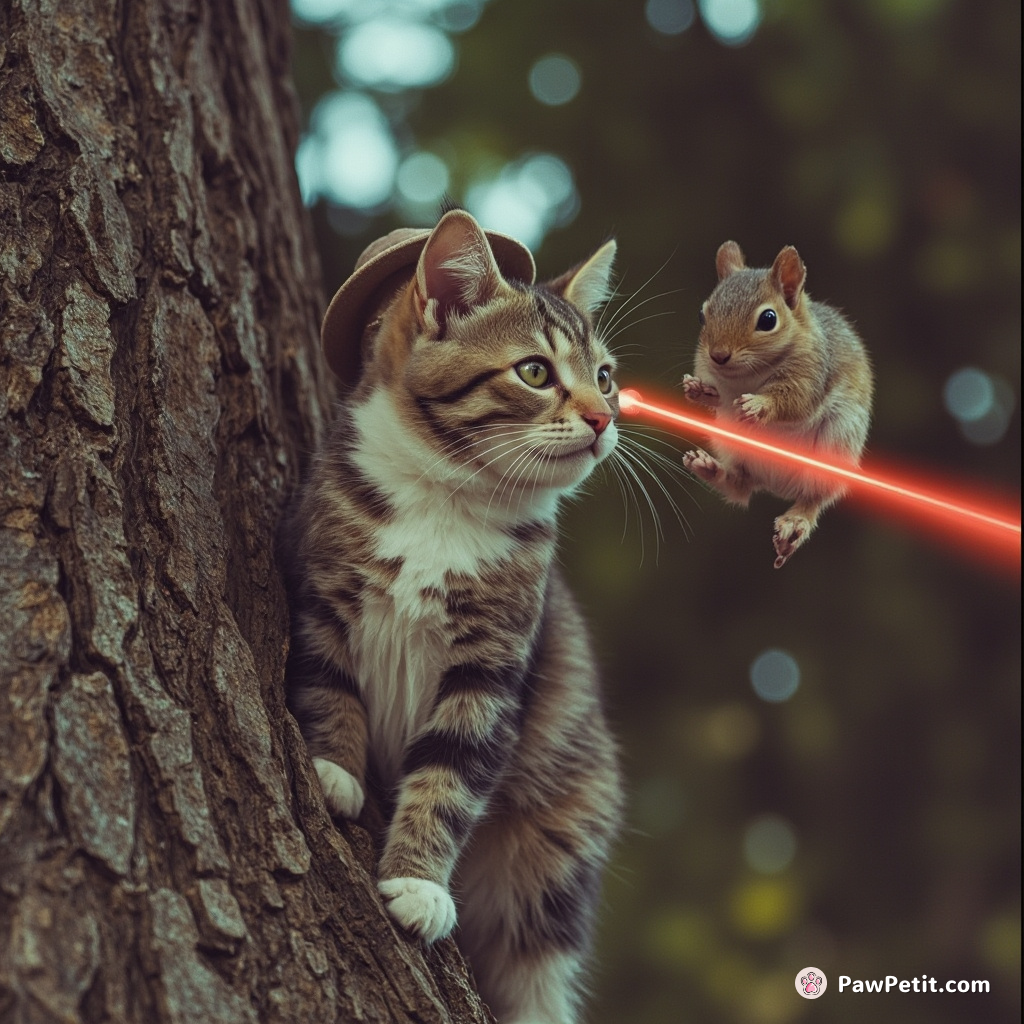 Cat dons tiny hat, scales tree, and "catches" a squirrel with a laser pointer.