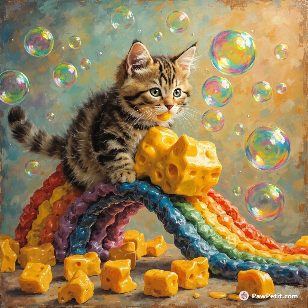 A toy-sized cat using a rainbow as a slide while popping multi-colored bubbles made of cheese.