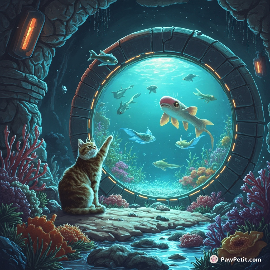 Cat swipes at fish-themed hologram, mistakenly activating sentient aquarium, flooding Mars colony with otherworldly sea creatures.