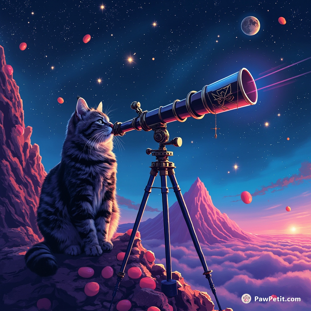 Cat stargazing through a steampunk telescope from the peak of a neon jellybean mountain.