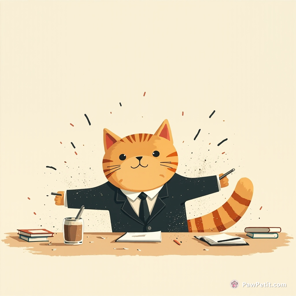 Suit-clad cat causes chaos in board meeting, clearing desk with classic feline tail-swipe.
