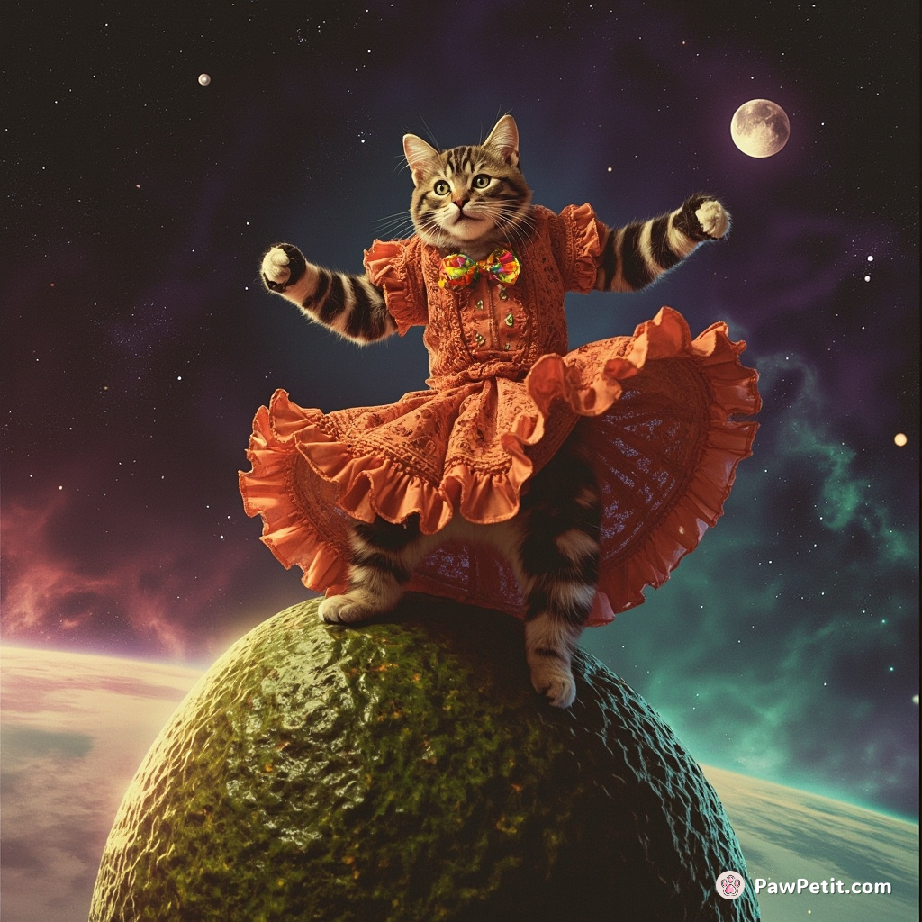 Cat performing a passionate flamenco dance on a giant avocado in outer space.
