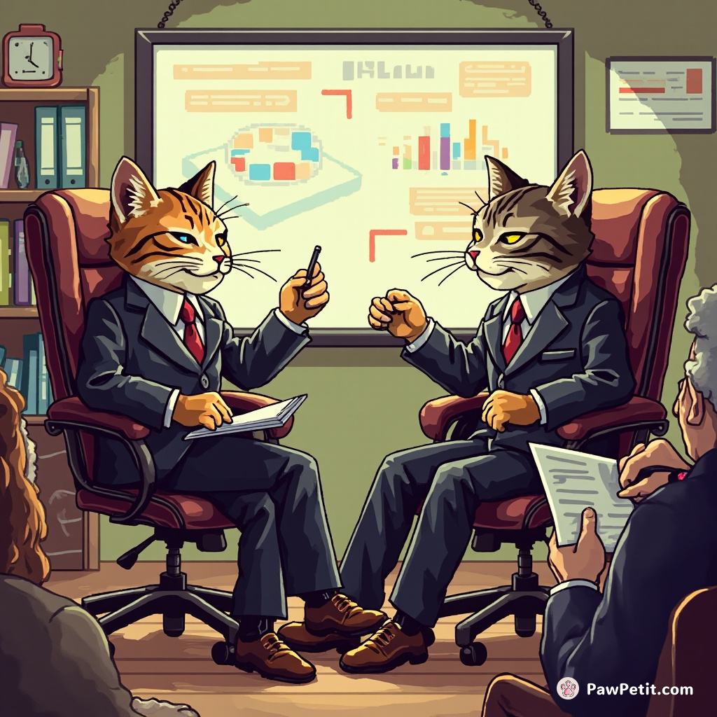 Cats, in business suits, swivel in office chairs; purring PowerPoint presentations while humans unsuspectingly take notes.