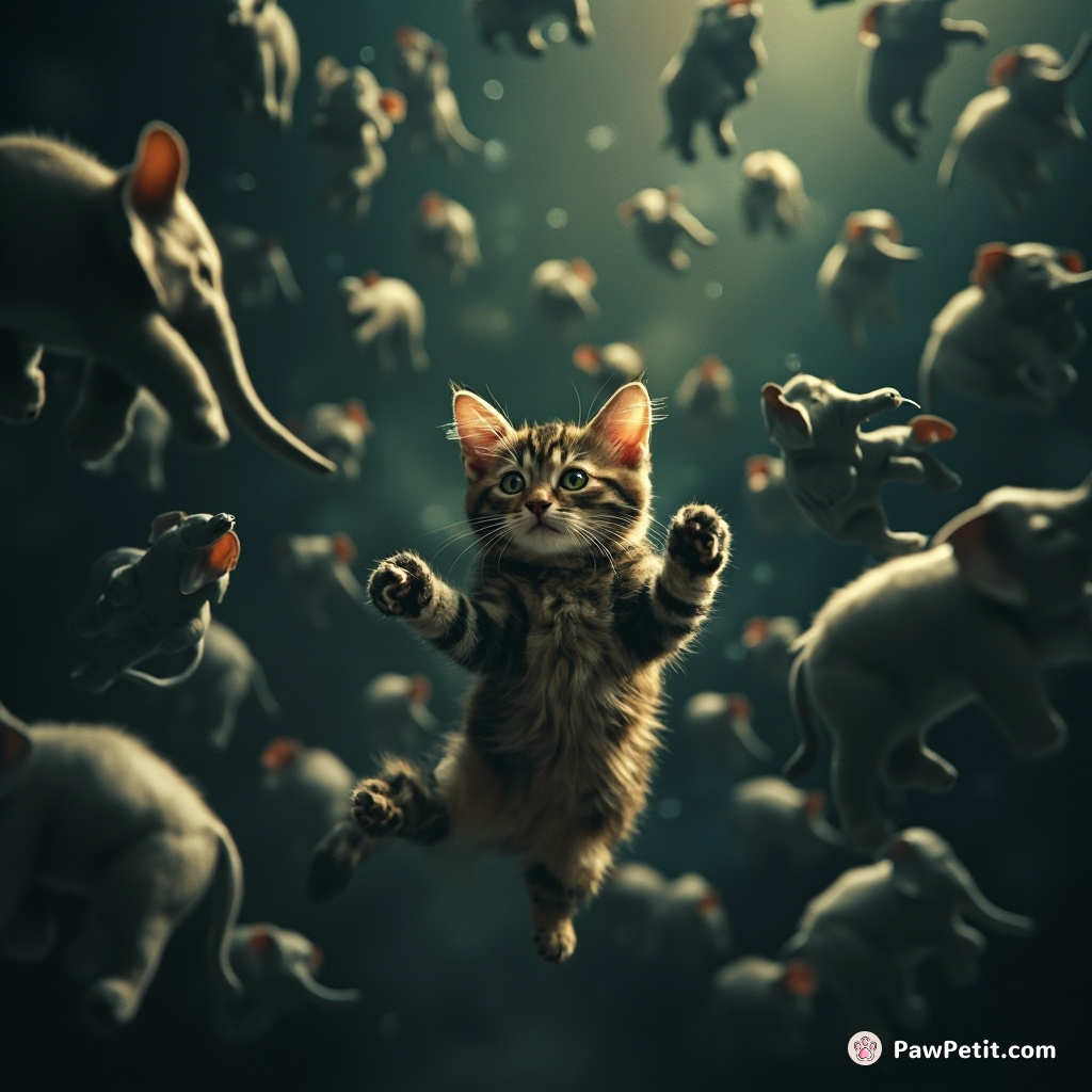 A cat low-key orchestrating a circus of mini flying elephants whilst levitating in deep space.