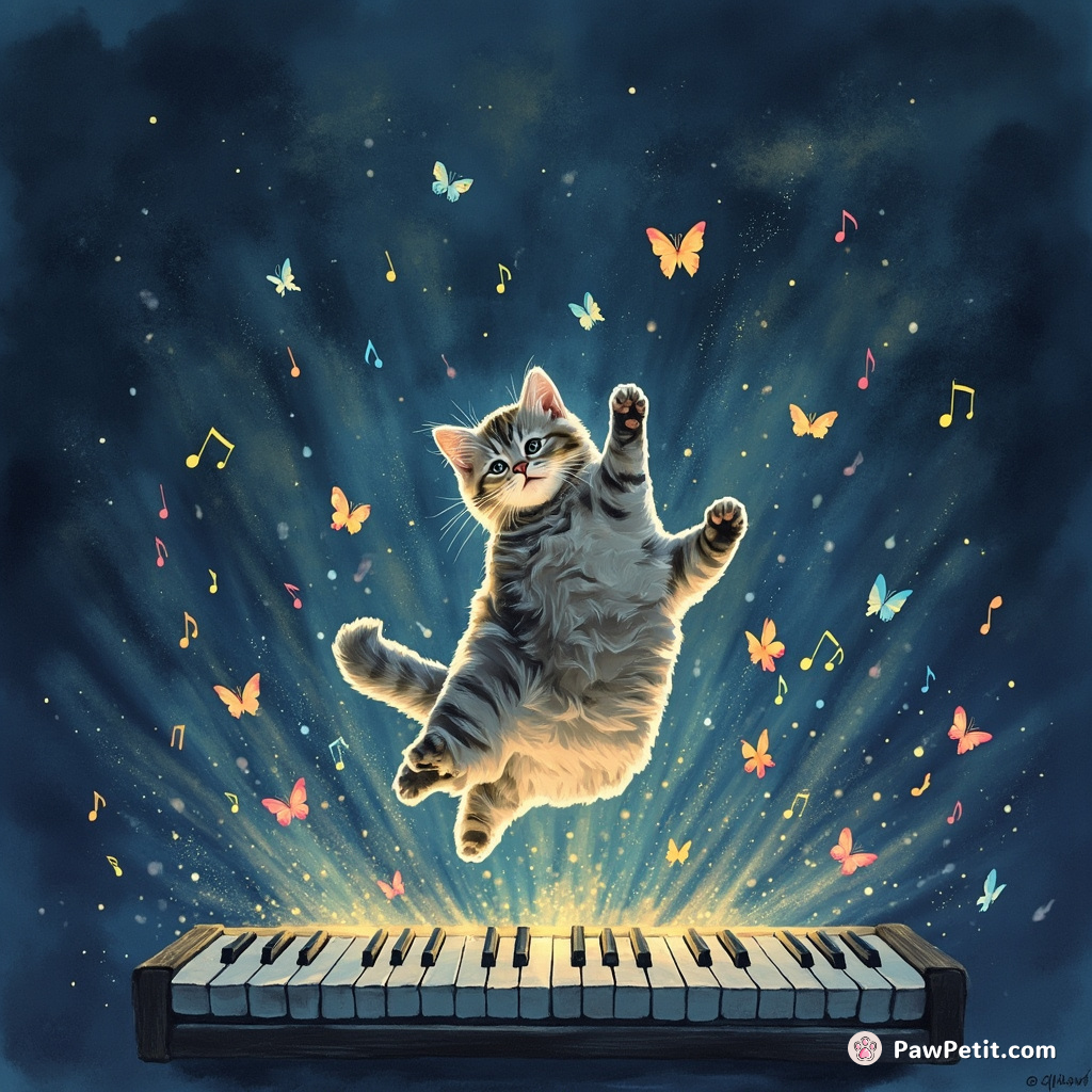 Cat levitating over a mystical, glowing keyboard as notes turn into colorful butterflies during midnight.