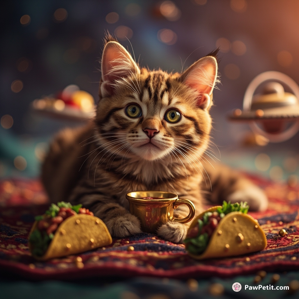 A dusky orange tabby cat sipping from a tiny golden cup of galaxy nebula tea on top of a cosmic flying carpet surrounded by flying mini-taco shaped starships.