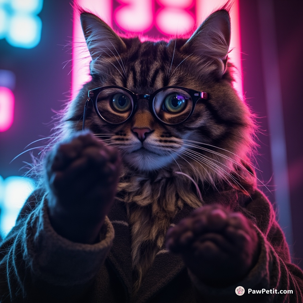 A cat wearing glasses dictates philosophical lectures to humans, confidently adjusting its monocle after each profound statement.