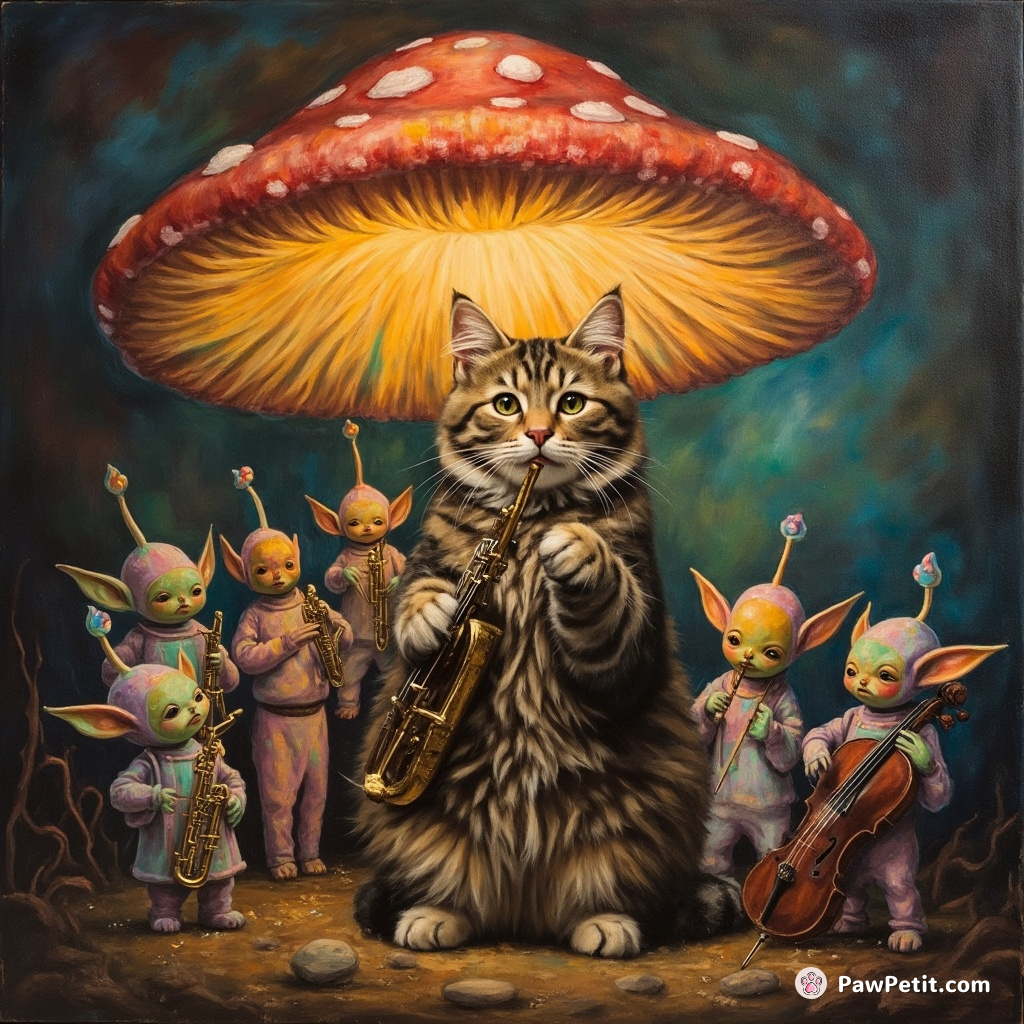 A cat conducting an orchestra of pocket-sized aliens under a rainbow-lit mushroom.