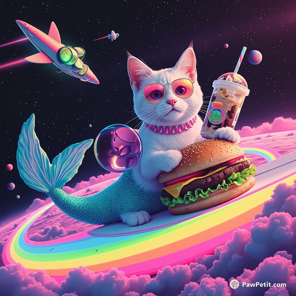 Mermaid cat drinking bubble tea while surfing a rainbow cheeseburger in an interstellar space battle.