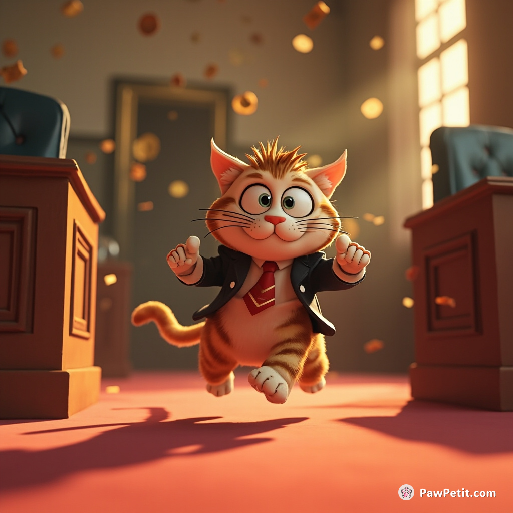 In utter chaos, the cat swiftly darted across the courtroom floor, perfectly timing to trip opposing counsel during their argument.