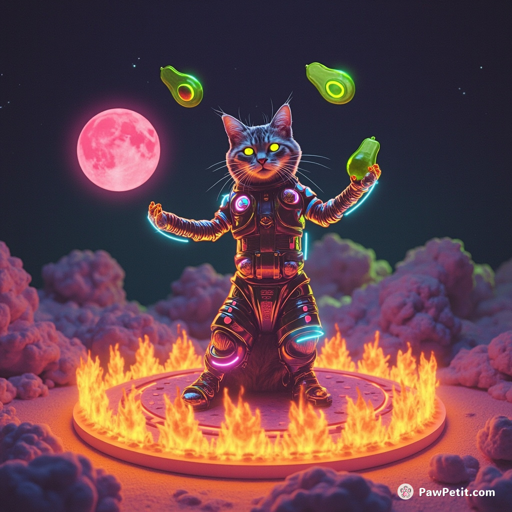 A neon cybernetic cat juggling glowing avocadoes in a flaming circus ring on the Moon.