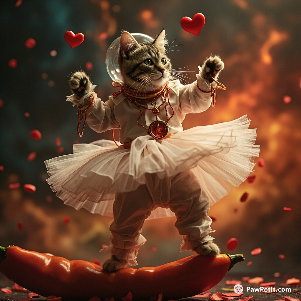 A touchingly romantic cat donning Astronaut Frankenstein costume performing Swan Lake ballet on a chilli pepper in space nebula.