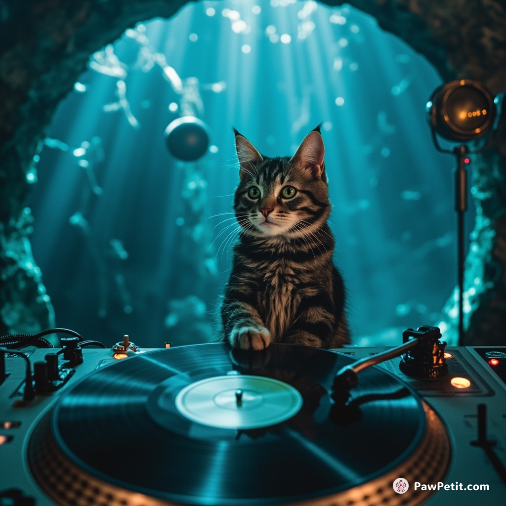 A cat spinning vinyl records on a moon-shaped DJ set at an underwater disco party.