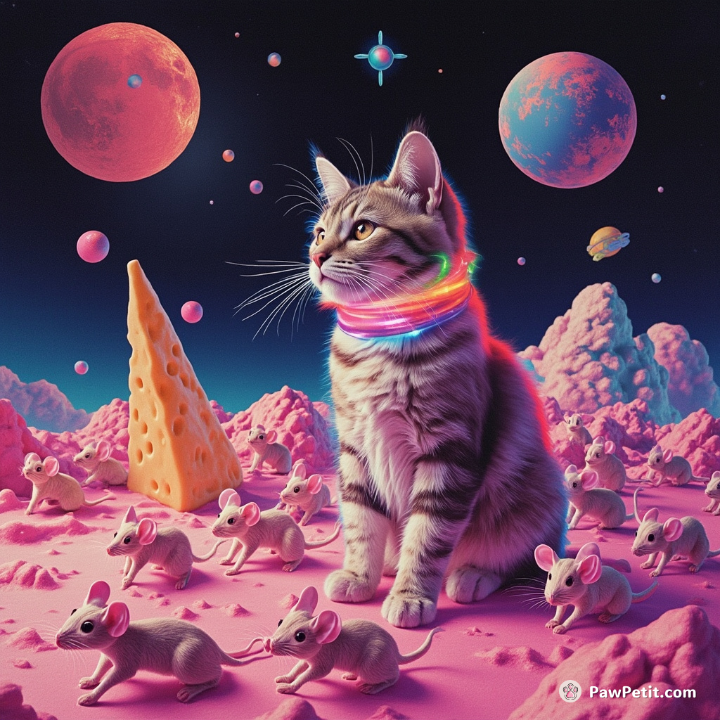 A cosmic cat planning intergalactic domination on a cheese moon with a holographic mouse army.