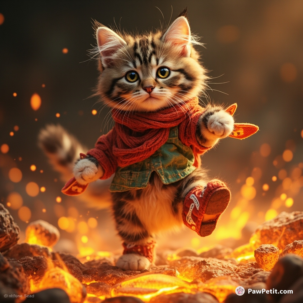 In Feline Frolic, Fluffy, a tabby cat, crafts booties and bravely dances on fiery coals to retrieve the golden fish.