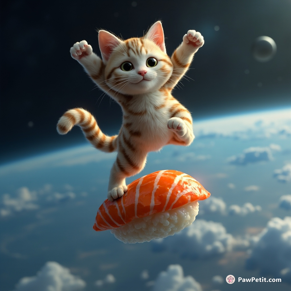 Cat pirouetting atop a floating sushi in zero gravity space