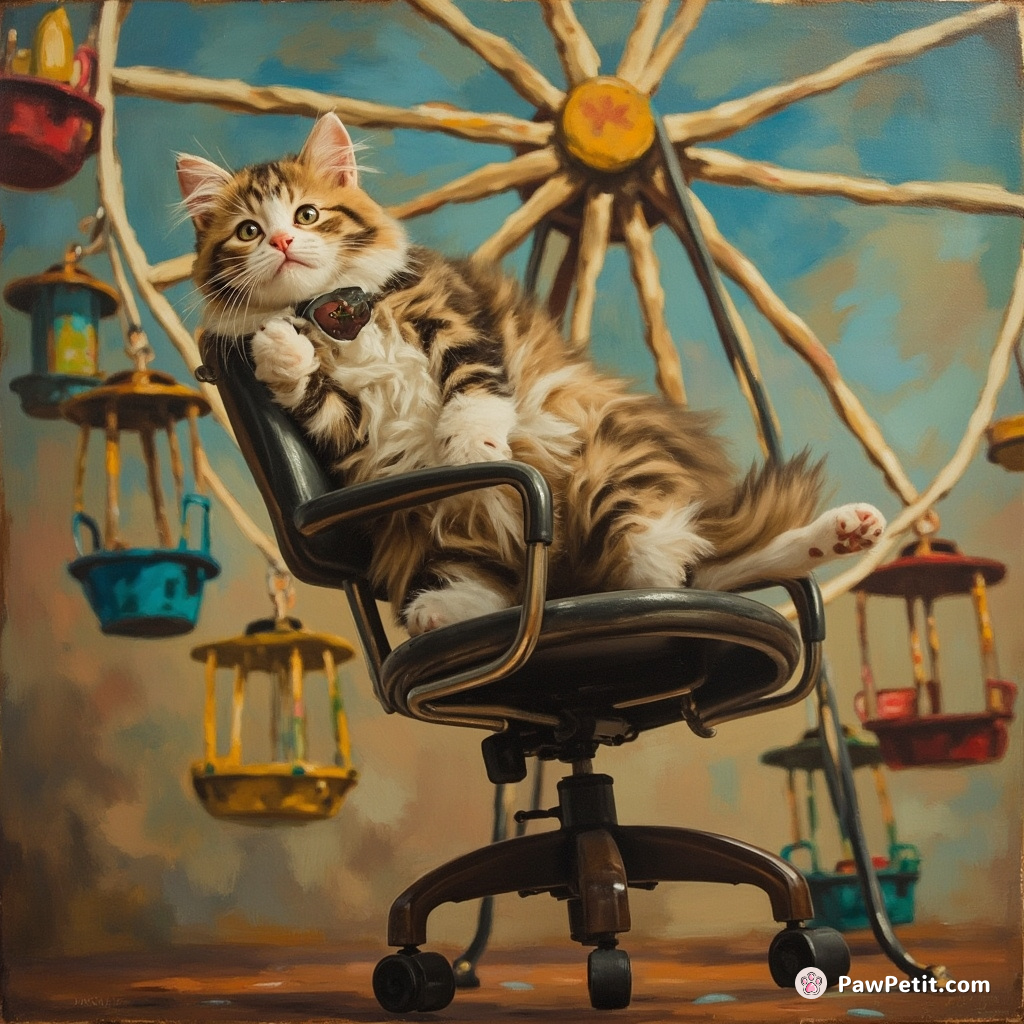 Mistaking the swiveling office chair for a ferris wheel, Whiskers leapt on, attempting to mimic human leisure activities.